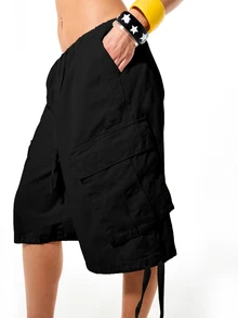 SUMWON WOMEN Washed Cargo Baggy Jorts With Elastic Waist Drawstring Multi-Pocket Summer Bermuda Shorts Everyday Going Out Black Streetwear Casual - Black - View 2