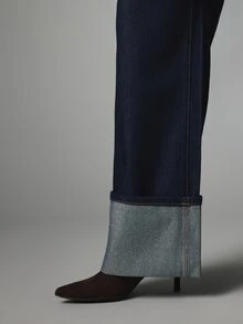 MISSGUIDED Mid Rise Straight Leg Jeans With Wide Turn Up Cuff Detail Dark Wash Denim Vintage Style Trouser - Navy Blue - View 4