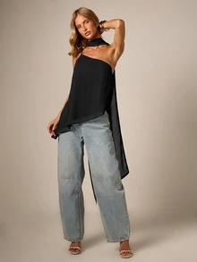AiiRZ One Shoulder Asymmetric Halter Top With Draped Cape Back And Scarf Neck Detail - Black - View 1