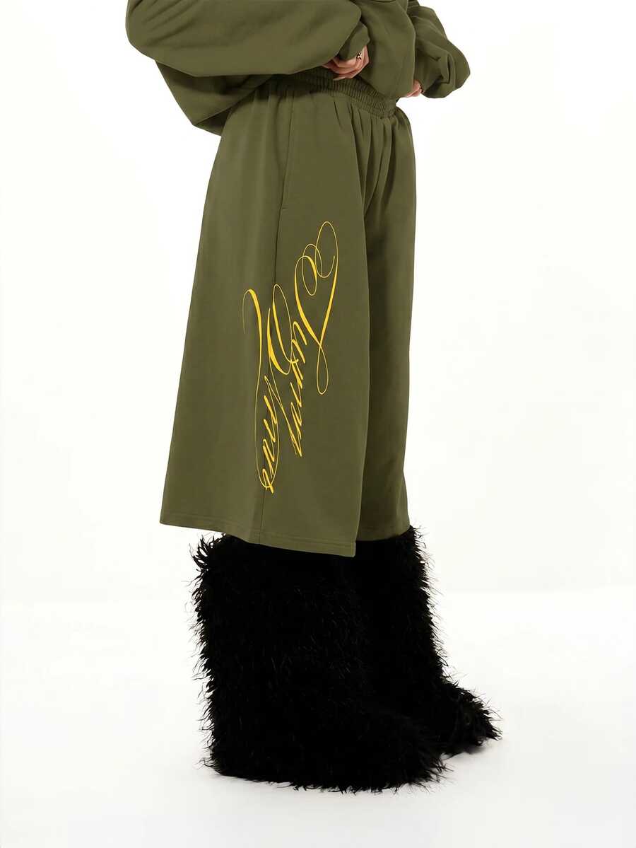 SUMWON WOMEN Oversized Wide Leg Bermuda Shorts With Cursive Script Graphic Print, Elastic Waist, Casual Street Style - Army Green - View 1