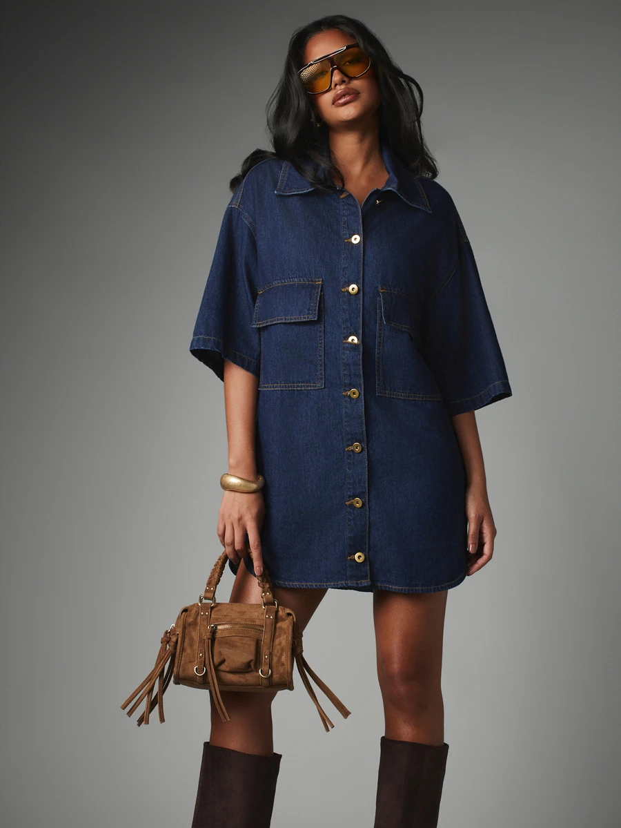 MISSGUIDED Oversized Boxy Mini Denim Shirt Dress With Cargo Pockets Button-Down Collared Short Sleeve Summer Casual - Dark Wash - View 1