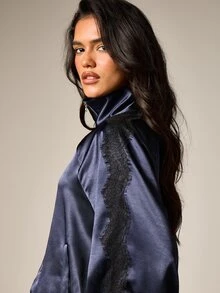 AiiRZ Satin Funnel Neck Full-Zip Track Jacket With Contrast Black Lace Trim And Balloon Sleeves - Navy Blue - View 2