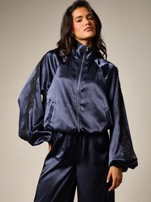 AiiRZ Satin Funnel Neck Full-Zip Track Jacket With Contrast Black Lace Trim And Balloon Sleeves - Navy Blue - View 1