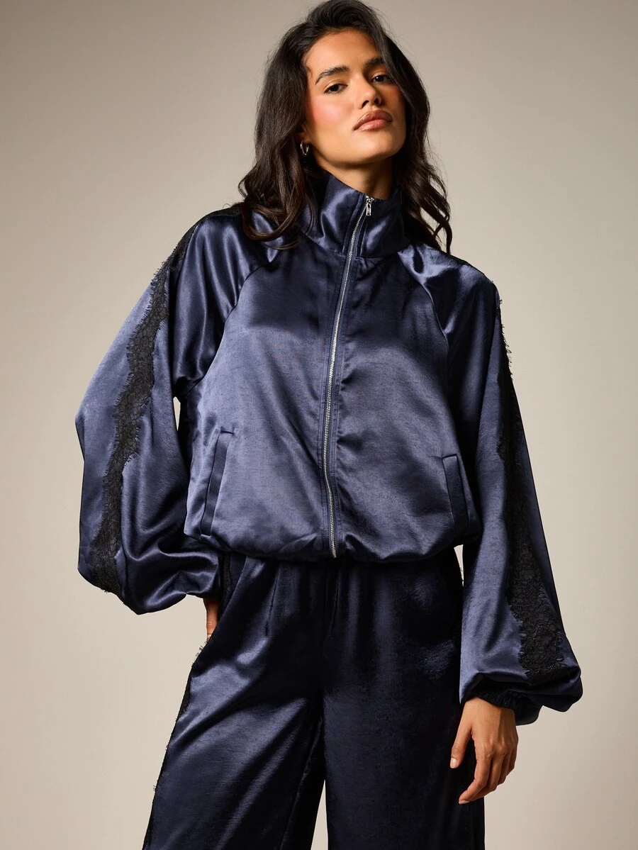 AiiRZ Satin Funnel Neck Full-Zip Track Jacket With Contrast Black Lace Trim And Balloon Sleeves - Navy Blue - View 1