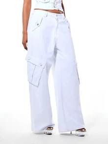 SUMWON WOMEN Twill Baggy Wide Leg Cargo Trousers With Multi Button Pockets And Adjustable Details Full Length - White - View 6