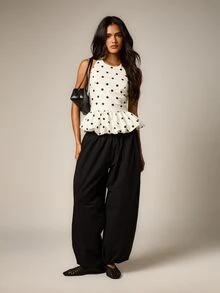 AiiRZ Polka Dot Halter Neck Bubble Peplum Hem Sleeveless Top With Ruffle Detail Summer Party Blouse - Black and White - View 4