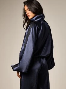 AiiRZ Satin Funnel Neck Full-Zip Track Jacket With Contrast Black Lace Trim And Balloon Sleeves - Navy Blue - View 3