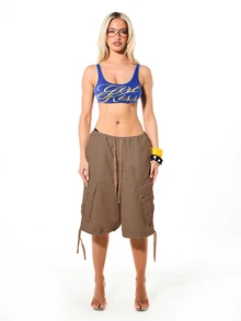 SUMWON WOMEN Washed Cargo Baggy Jorts Elastic Waist Drawstring Multi-Pocket Summer Shorts Travel Khaki Streetwear Casual - Brown - View 5
