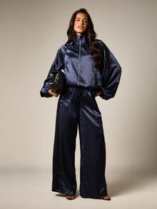 AiiRZ Satin Funnel Neck Full-Zip Track Jacket With Contrast Black Lace Trim And Balloon Sleeves - Navy Blue - View 4
