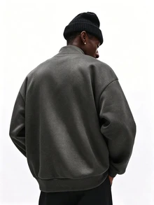 SUMWON Quarter Zip Mock Neck Sweatshirt With Gold Script Embroidery And Badge Casual Pullover Top - Dark Grey - View 2