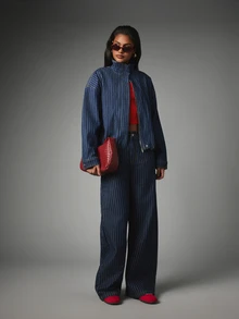MISSGUIDED Pinstripe Funnel Neck Bomber Jacket In Dark Wash Denim With Oversized Fit And Long Sleeves For Fall Winter - Dark Wash - View 3