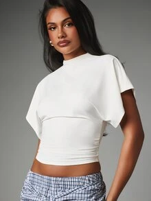 MISSGUIDED Mock Neck Cape Sleeve Crop Top With Gathered Ruched Waist Detail Elegant Summer Style - White - View 4