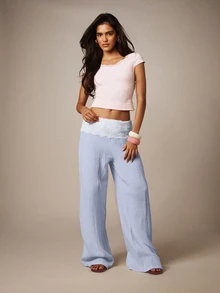 MISSGUIDED 寬腿紗布褲配蕾絲腰帶，飄逸波希米亞風夏季海灘度假長褲 - 藍色 - 查看 2