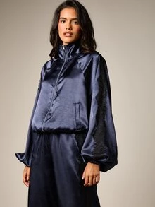AiiRZ Satin Funnel Neck Full-Zip Track Jacket With Contrast Black Lace Trim And Balloon Sleeves - Navy Blue - View 6