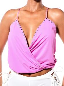 SUMWON WOMEN Halterneck Deep Plunge Wrap Crop Top With Metal Eyelet Stud Trim And Open Back Detail - Pink - View 5