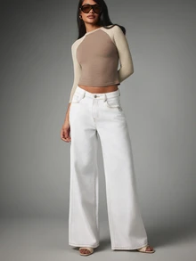 MISSGUIDED Mid Rise Baggy Wide Leg Jeans Contrast Stitching Five Pocket Denim Relaxed Fit Full Length Pants Spring Summer - White - View 2