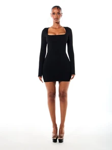 SUMWON WOMEN Slinky Stretch Square Neck Long Sleeve Bodycon Mini Dress Party Night Out Club Fitted Style - Black - View 3