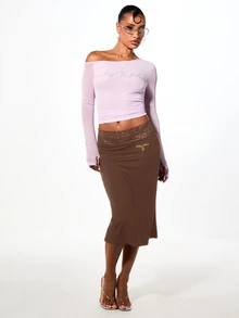 BABYPHAT Lace Trim Low Waist Jersey Midi Skirt With Embroidered Logo Detail - Chocolate Brown - View 3