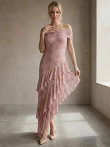 Rouah Womens Solid Colour Asym Tiered Ruffle Dress For Summer - Summer Party Dress, Dress For Summer Event, Wedding Party Dress, Bridemaid Dress - Pink - View 3