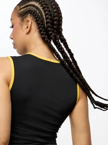 SUMWON WOMEN Cropped Sleeveless Tank Top With Old English Graphic Print And Contrast Ringer Binding Detail - Black - View 7