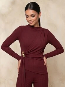 QUIZ Burgundy Ribbed Draped Asymmetric Funnel Neck Long Sleeve Top With Gold Hardware Tie Detail, Tops For Women, Chic Top, Wear To Work, Everyday Top, Weekend Out Outfit, Women Clothing - Red - View 1