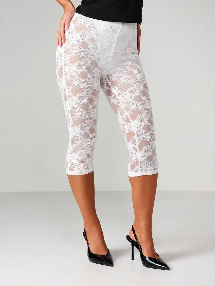 MISSGUIDED 夏季派對與夜生活穿著 透視蕾絲花卉圖案七分內搭褲 彈性腰頭 - 白色 - 查看 1