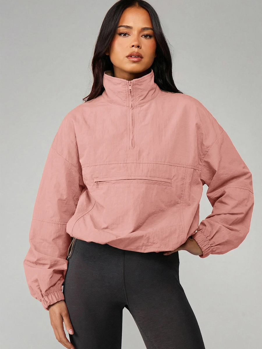 MISSGUIDED Half-Zip Pullover Windbreaker Jacket With Mock Neck, Elastic Cuffs, Oversized Fit And Zip Chest Pocket - Dusty Pink - View 1