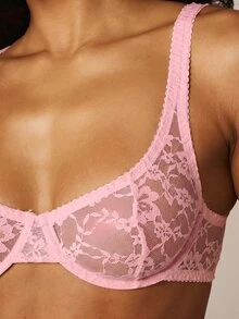 MISSGUIDED 花卉蕾絲鋼圈式半罩式胸罩，圓領設計，可調節式肩帶，透視罩杯細節 - 粉色 - 查看 5