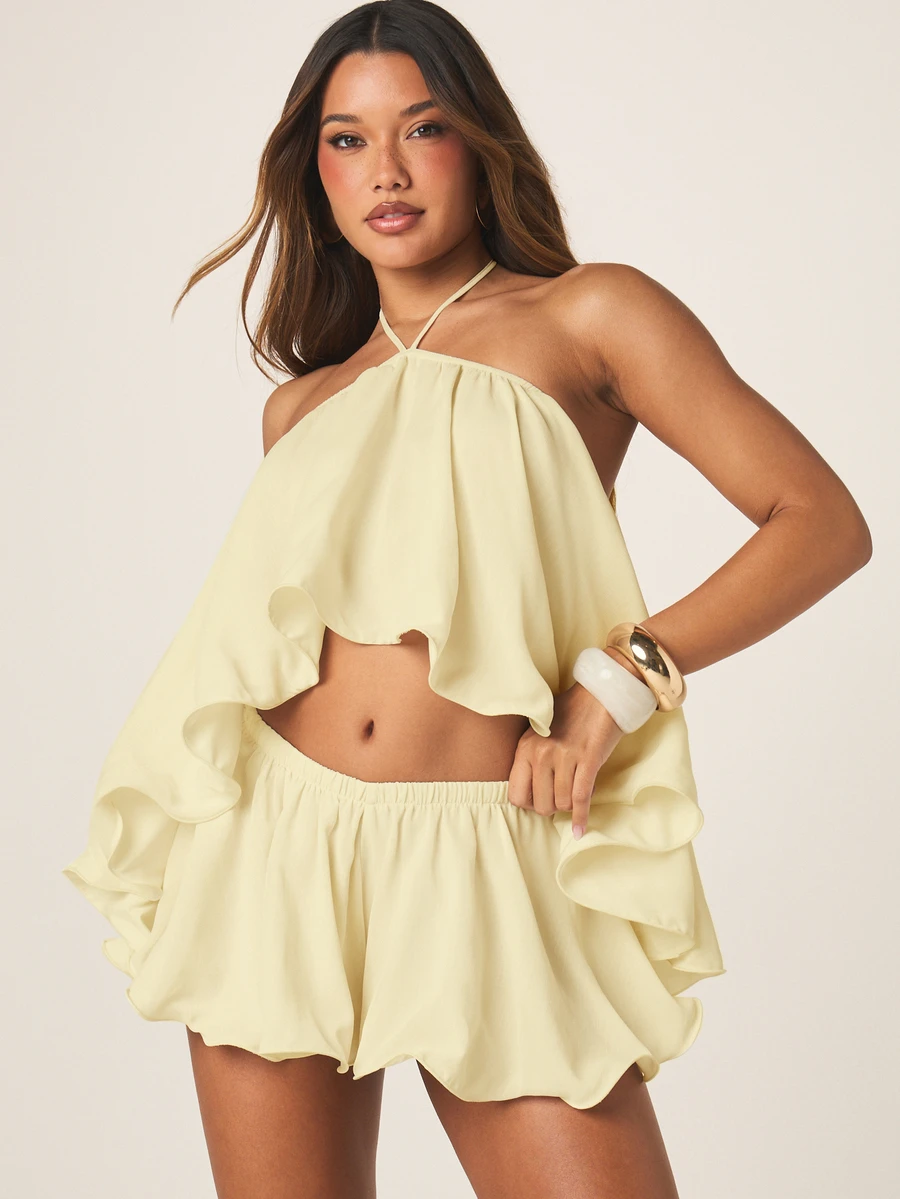 MISSGUIDED Halter Neck Ruffle Two-Piece Co-Ord Set With Bubble Shorts Summer Beach Vacation Festival Outfit - Yellow - View 1