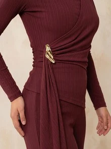 QUIZ Burgundy Ribbed Draped Asymmetric Funnel Neck Long Sleeve Top With Gold Hardware Tie Detail, Tops For Women, Chic Top, Wear To Work, Everyday Top, Weekend Out Outfit, Women Clothing - Red - View 3