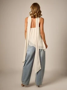 AiiRZ One Shoulder Asymmetric Draped Chiffon Cape Top With Halter Neck Detail And Open Back Design - Cream - View 2