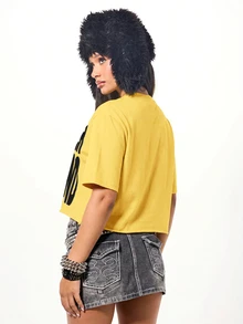 SUMWON Plus Size Rockstar Girlfriend Graphic Crop Tee Oversized Short Sleeve Round Neck Statement T-Shirt - Yellow - View 2