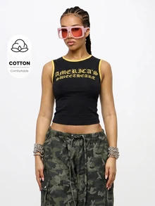 SUMWON WOMEN Cropped Sleeveless Tank Top With Old English Graphic Print And Contrast Ringer Binding Detail - Black - View 1