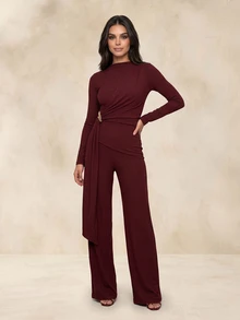QUIZ Burgundy Ribbed Draped Asymmetric Funnel Neck Long Sleeve Top With Gold Hardware Tie Detail, Tops For Women, Chic Top, Wear To Work, Everyday Top, Weekend Out Outfit, Women Clothing - Red - View 4