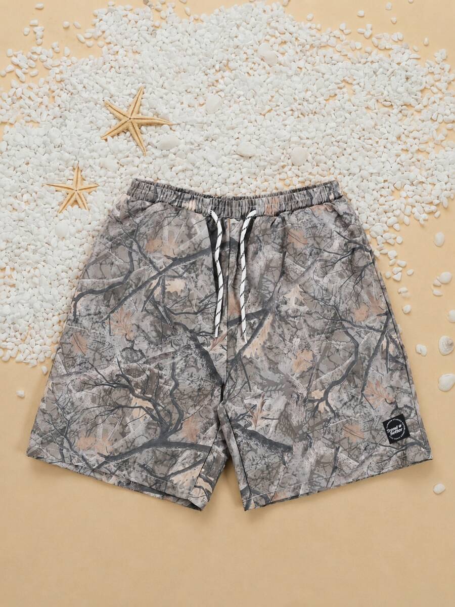 SUMWON Tree Camo Print Elastic Waist Drawstring Board Shorts Summer Beach Vacation Swim Trunks With Side Pockets - Khaki - View 1