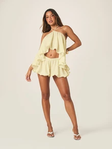 MISSGUIDED Halter Neck Ruffle Two-Piece Co-Ord Set With Bubble Shorts Summer Beach Vacation Festival Outfit - Yellow - View 4