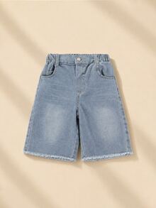 SUMWON Shorts vaqueros para niños de lavado claro con bajo deshilachado, cintura elástica, largo hasta la rodilla, casuales de verano - Azul - Ver 1