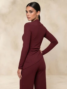 QUIZ Burgundy Ribbed Draped Asymmetric Funnel Neck Long Sleeve Top With Gold Hardware Tie Detail, Tops For Women, Chic Top, Wear To Work, Everyday Top, Weekend Out Outfit, Women Clothing - Red - View 2