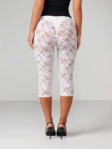 MISSGUIDED 夏季派對與夜生活穿著 透視蕾絲花卉圖案七分內搭褲 彈性腰頭 - 白色 - 查看 2