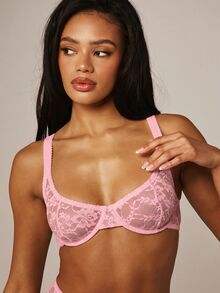 MISSGUIDED 花卉蕾絲鋼圈式半罩式胸罩，圓領設計，可調節式肩帶，透視罩杯細節 - 粉色 - 查看 4