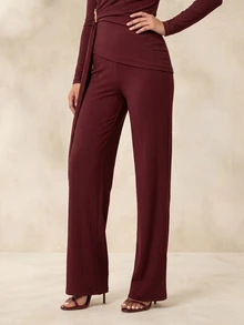 QUIZ Burgundy High Waist Wide Leg Trousers With Elastic Back Waistband, Elegant Formal Pants For Women, Women's Dress Pants, Office Wear For Women, Work Outfits For Women, Casual Chic Weekend Pants, Summer Outfits For Women - Red - View 1