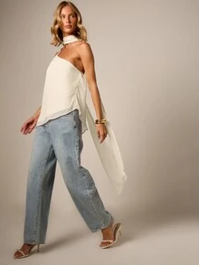 AiiRZ One Shoulder Asymmetric Draped Chiffon Cape Top With Halter Neck Detail And Open Back Design - Cream - View 4
