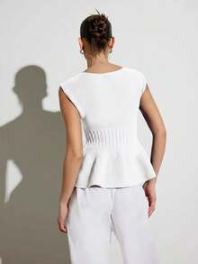 KSTM Sleeveless Peplum Knit Top With Boat Neckline And Waist-Cinching Ribbed Detail For Spring Summer - White - View 6