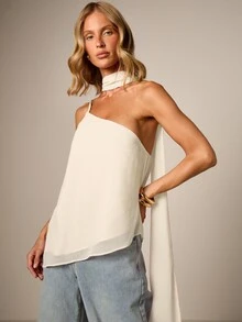AiiRZ One Shoulder Asymmetric Draped Chiffon Cape Top With Halter Neck Detail And Open Back Design - Cream - View 5