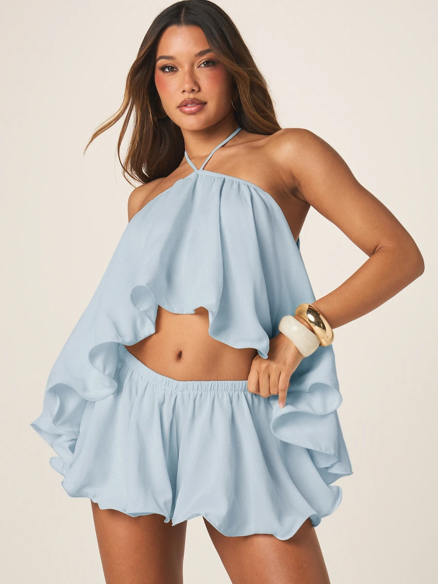 MISSGUIDED 掛脖荷葉邊短版上衣與鬆緊腰波浪短褲兩件式夏季度假套裝 - 淺藍色 - 查看 1