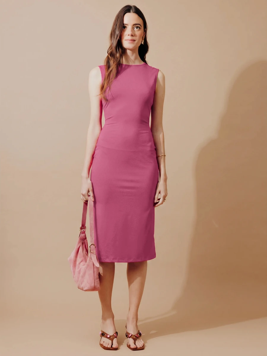 Pimkie Edition Women's Midi Dress, Short Sleeve, Gathered Waist, A-Line Fit, Smart Casual - Rose Red - View 1