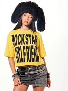 SUMWON Plus Size Rockstar Girlfriend Graphic Crop Tee Oversized Short Sleeve Round Neck Statement T-Shirt - Yellow - View 1