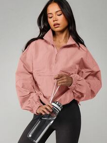 MISSGUIDED Half-Zip Pullover Windbreaker Jacket With Mock Neck, Elastic Cuffs, Oversized Fit And Zip Chest Pocket - Dusty Pink - View 5
