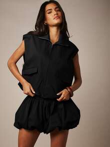MISSGUIDED 無袖拉鍊背心外套，翻領設計，附翻蓋口袋，短版剪裁，百搭層次穿搭單品 - 黑色 - 查看 5