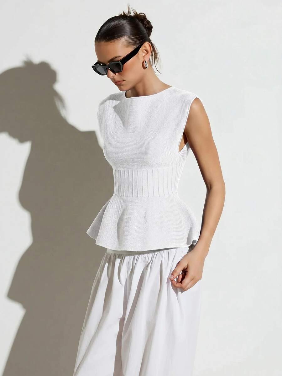 KSTM Sleeveless Peplum Knit Top With Boat Neckline And Waist-Cinching Ribbed Detail For Spring Summer - White - View 1